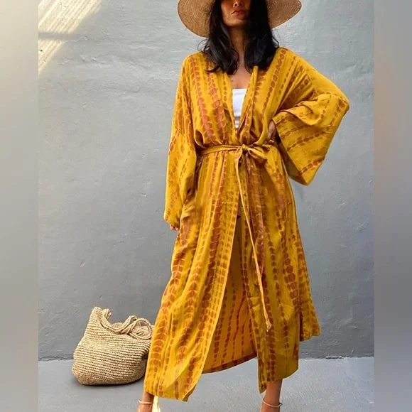 - New MUSTARD & CRAN Boho Tie Dye Kimono Maxi Beach open front long COVERUP *NEW